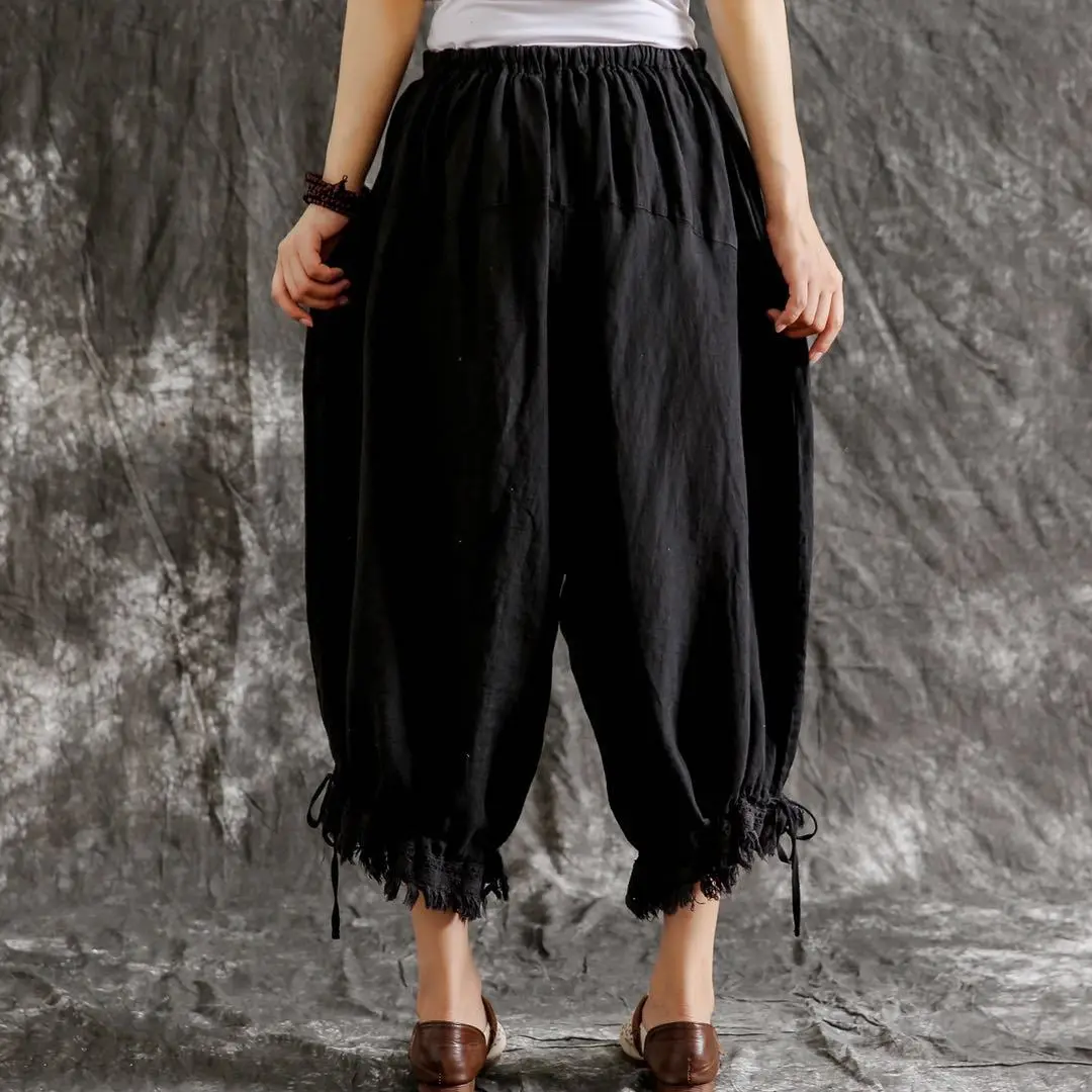 Johnature New Casual Vintage Cotton Linen Ankle-length Harem Pants Summer Solid Color Tassel Pockets Women Pants
