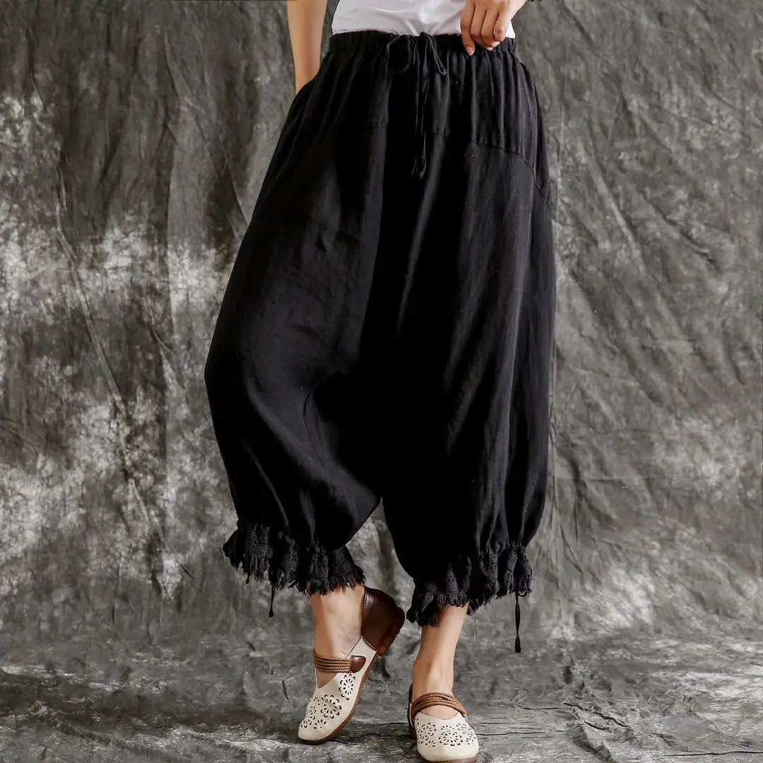 Johnature New Casual Vintage Cotton Linen Ankle-length Harem Pants Summer Solid Color Tassel Pockets Women Pants