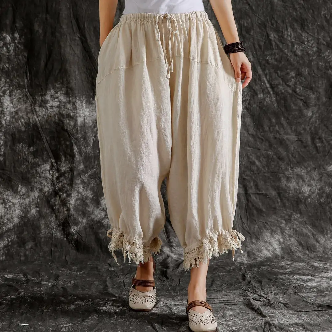Johnature New Casual Vintage Cotton Linen Ankle-length Harem Pants Summer Solid Color Tassel Pockets Women Pants