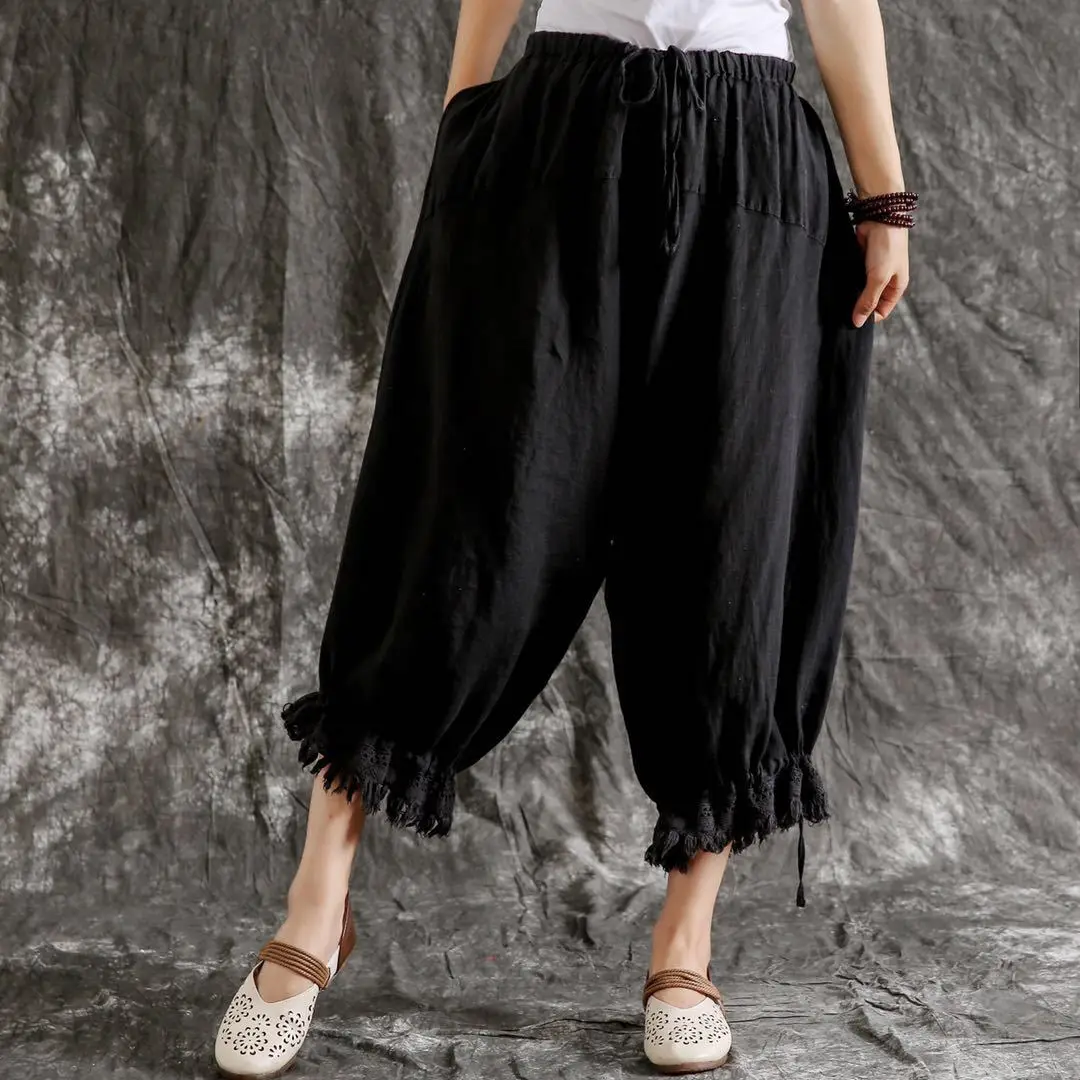 Johnature New Casual Vintage Cotton Linen Ankle-length Harem Pants Summer Solid Color Tassel Pockets Women Pants