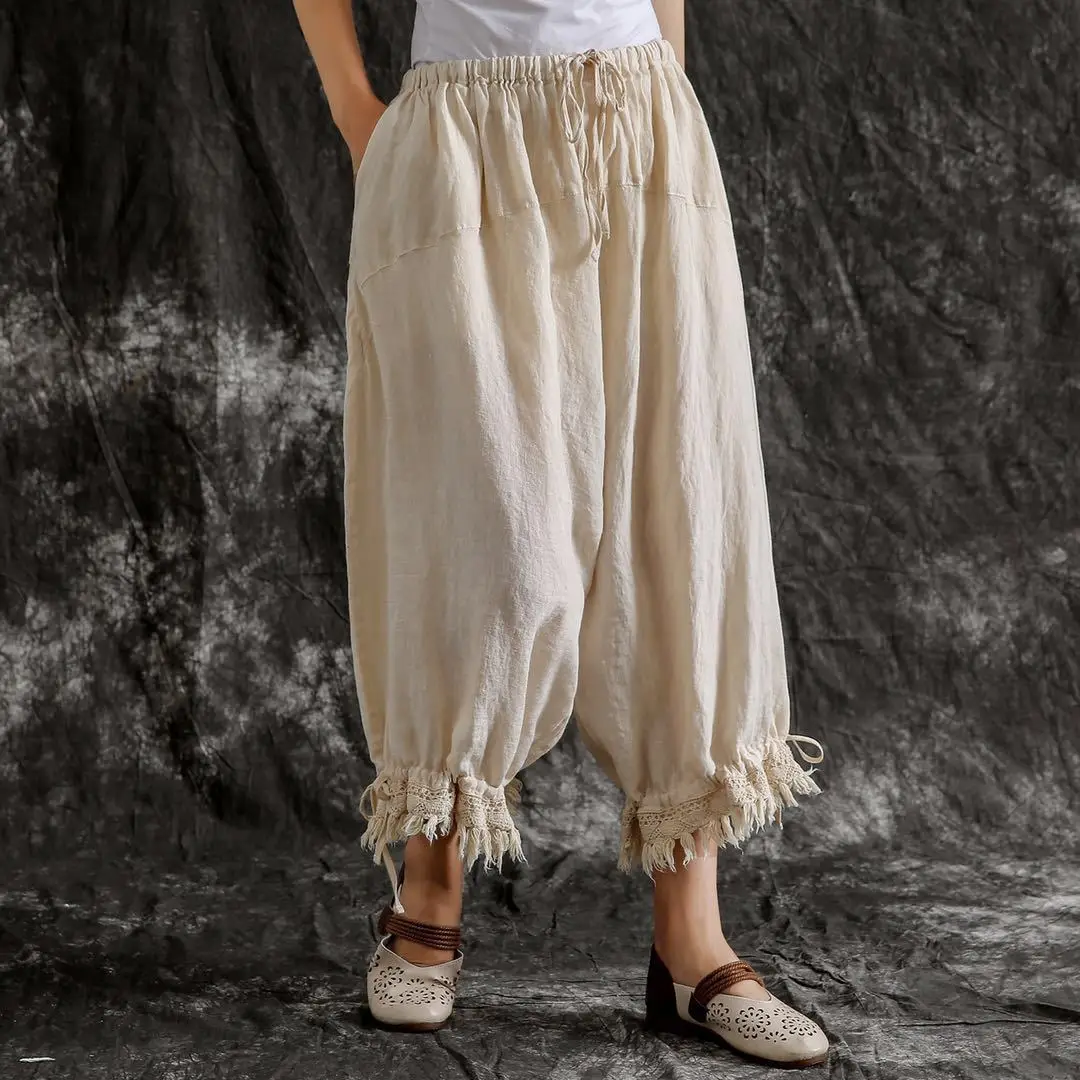 Johnature New Casual Vintage Cotton Linen Ankle-length Harem Pants Summer Solid Color Tassel Pockets Women Pants
