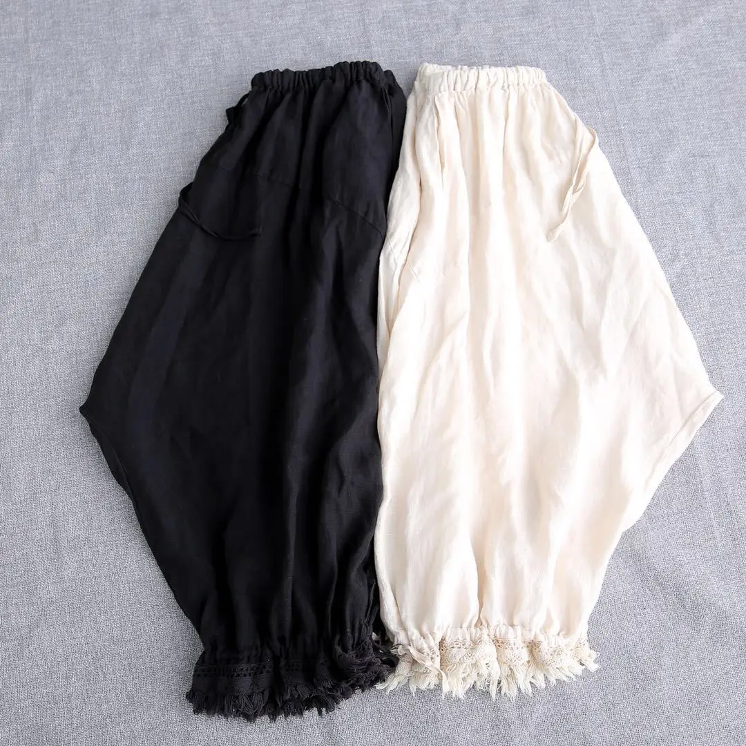 Johnature New Casual Vintage Cotton Linen Ankle-length Harem Pants Summer Solid Color Tassel Pockets Women Pants
