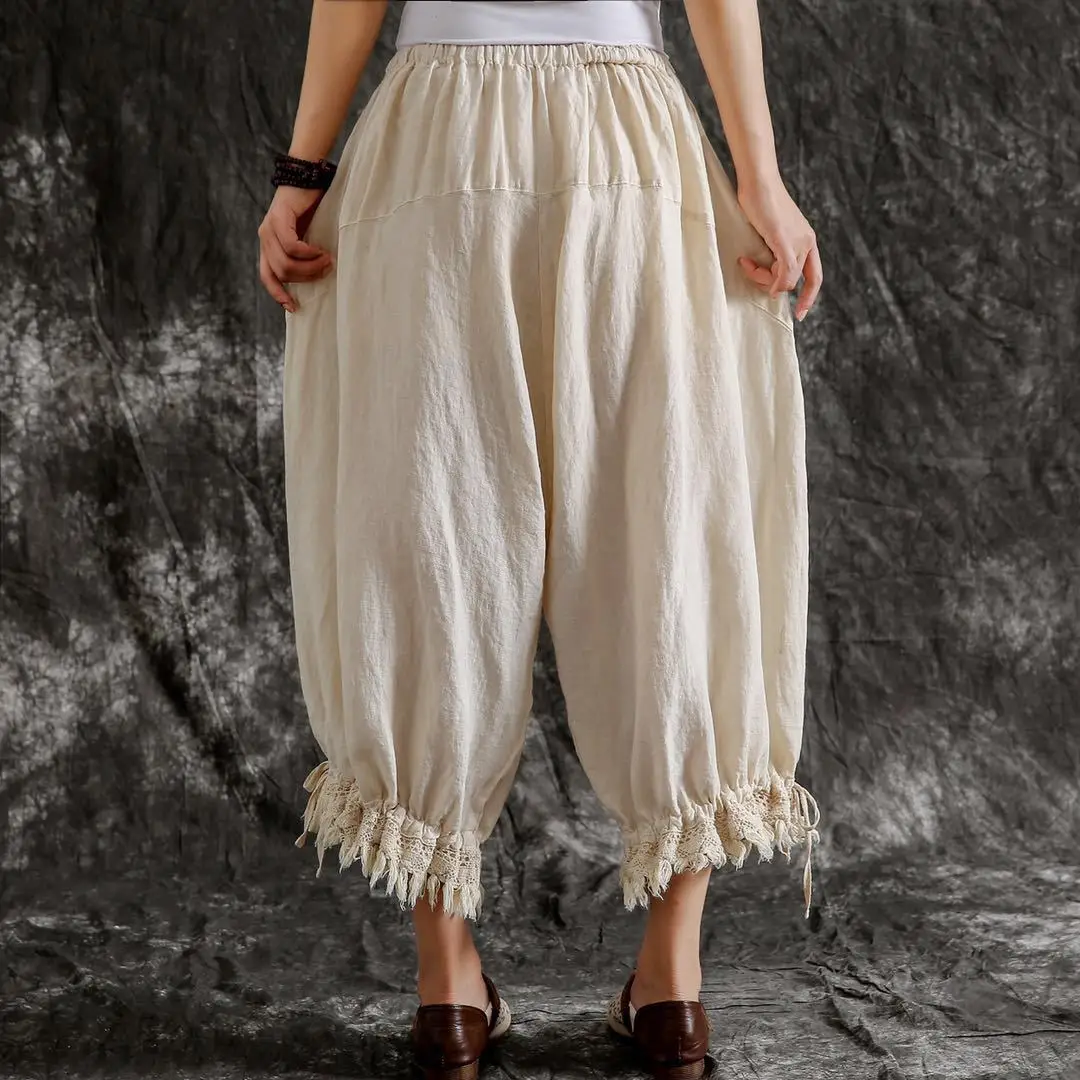 Johnature New Casual Vintage Cotton Linen Ankle-length Harem Pants Summer Solid Color Tassel Pockets Women Pants