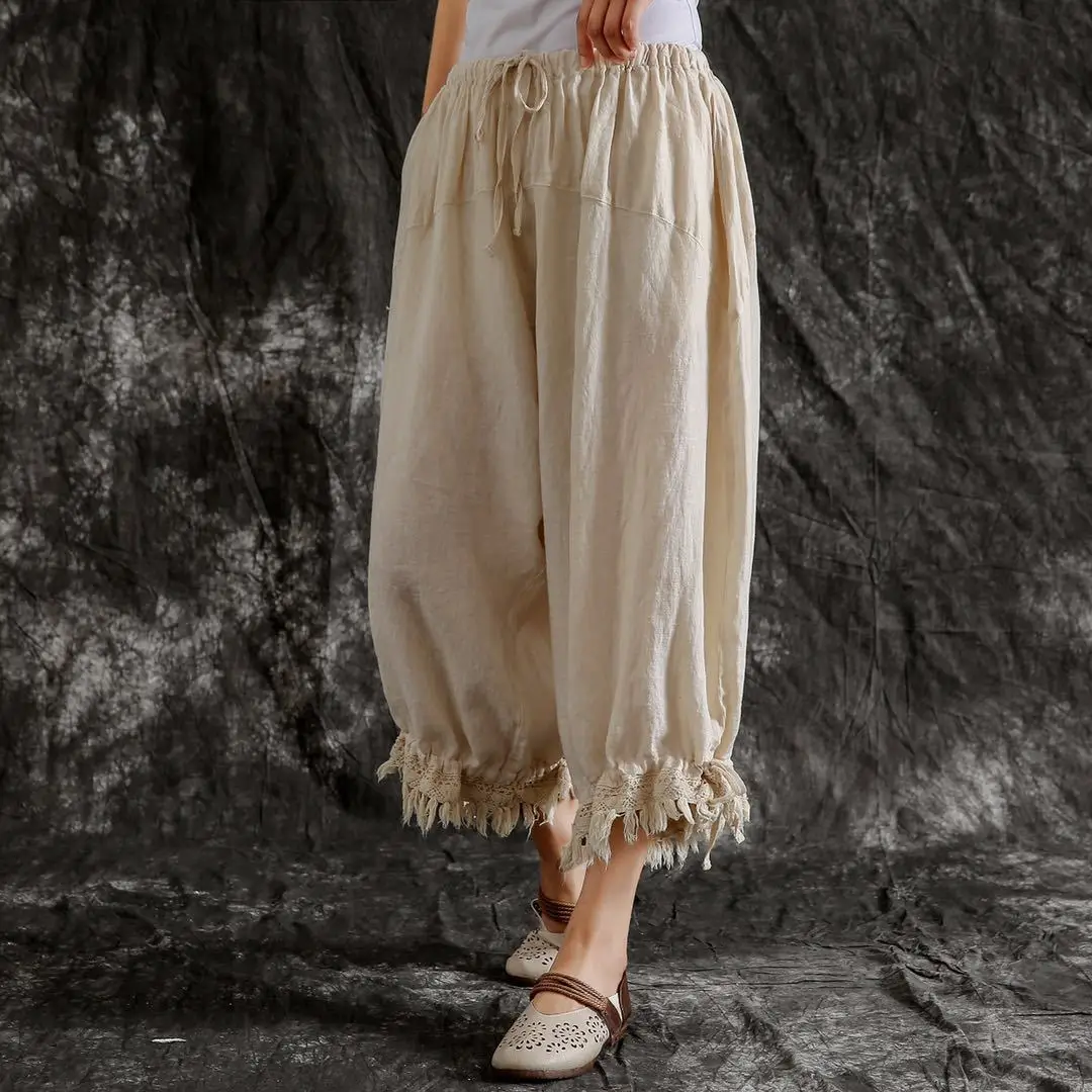 Johnature New Casual Vintage Cotton Linen Ankle-length Harem Pants Summer Solid Color Tassel Pockets Women Pants
