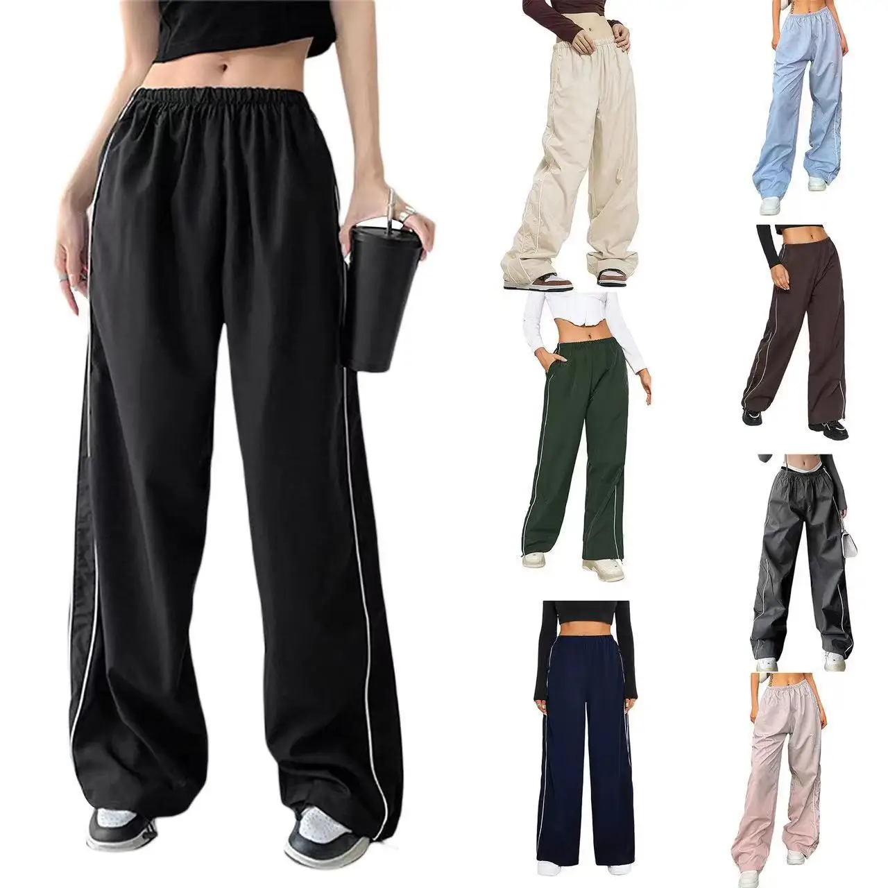 New Y2K Women Vintage Baggy Cargo Pants Women Drawstring Elastic Low Waist Parachute Pants Sweatpants Loose Hippie Pant Trousers