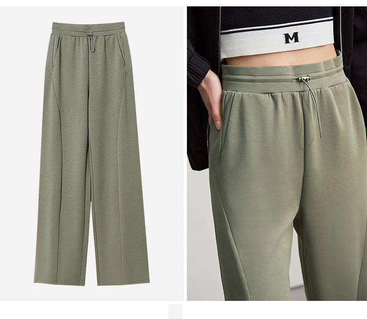 Amii Cotton Pants For Woman 2026 Autumn New Adjustable Rubber Band Waist Casual Pants Long Wide Leg Knit Women Trousers 12641040