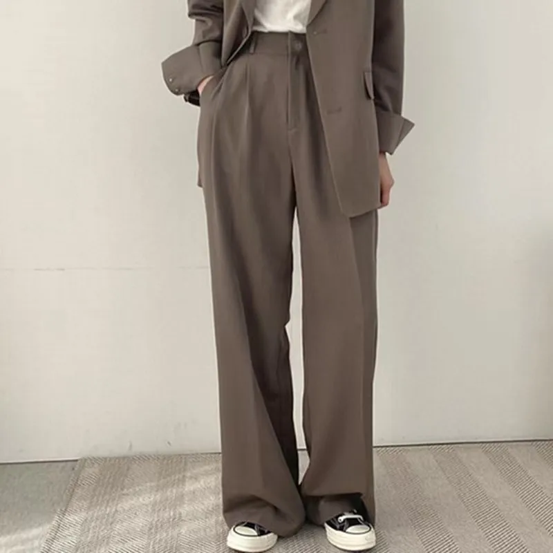 Temperament Wide Leg Suits Pants Women Autumn Winter Button High Waist Pants Woman Pleated Solid Color Straight Trouser Ladies
