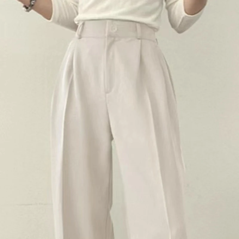 Temperament Wide Leg Suits Pants Women Autumn Winter Button High Waist Pants Woman Pleated Solid Color Straight Trouser Ladies