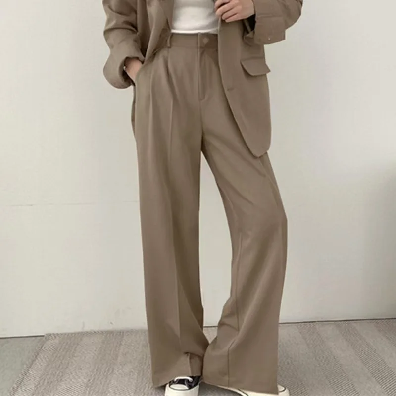 Temperament Wide Leg Suits Pants Women Autumn Winter Button High Waist Pants Woman Pleated Solid Color Straight Trouser Ladies