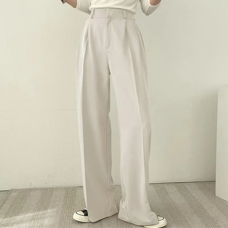 Temperament Wide Leg Suits Pants Women Autumn Winter Button High Waist Pants Woman Pleated Solid Color Straight Trouser Ladies