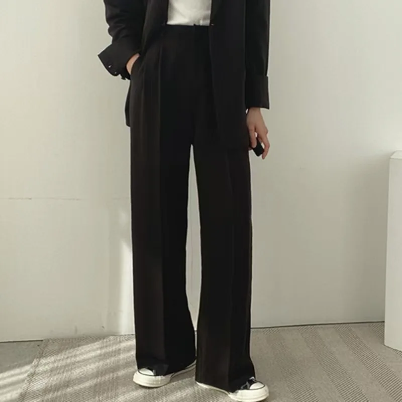 Temperament Wide Leg Suits Pants Women Autumn Winter Button High Waist Pants Woman Pleated Solid Color Straight Trouser Ladies