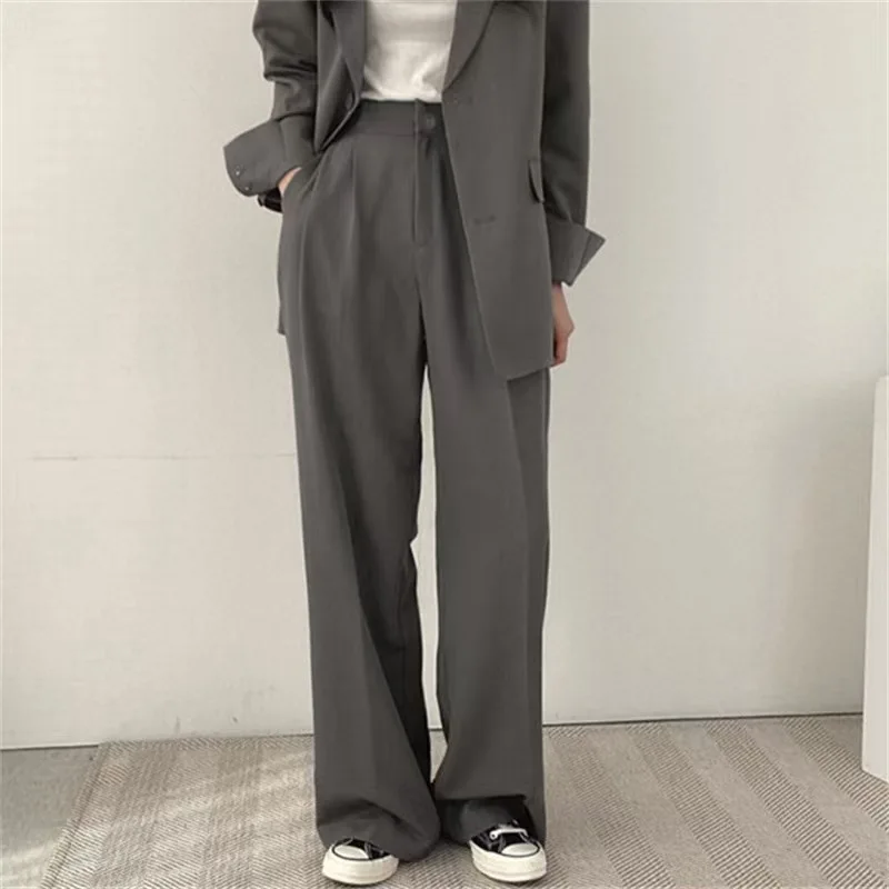Temperament Wide Leg Suits Pants Women Autumn Winter Button High Waist Pants Woman Pleated Solid Color Straight Trouser Ladies