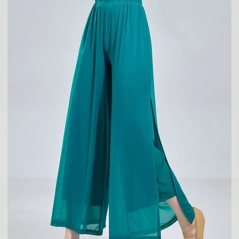 Straight Leg Pants Women'S Lightweight Chiffon High Elastic Waist Trousers Slit Wedding Cocktail Culottes Women'S Pants W47