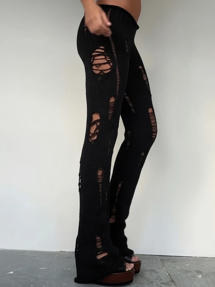 Nibber Hot Girls Long Pants Woman Irregular Hollow Design Crochet Elastic High Waist Skinny Stretch Street Hip-Hop Style Bottoms