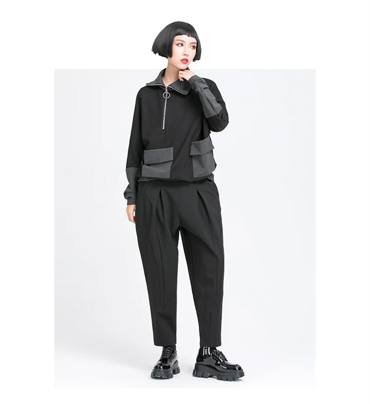 Pleated Loose Harem Pants Women New 2025 Autumn spring  Elastic Waist Black Pocket Fashion All Match Casual womenTrousers