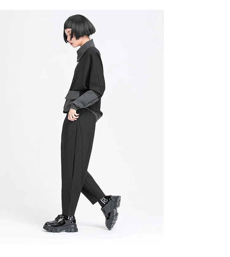 Pleated Loose Harem Pants Women New 2025 Autumn spring  Elastic Waist Black Pocket Fashion All Match Casual womenTrousers
