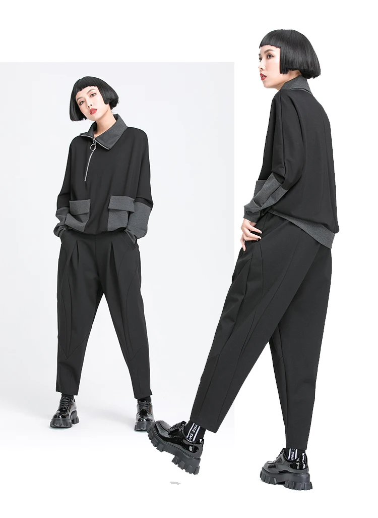 Pleated Loose Harem Pants Women New 2025 Autumn spring  Elastic Waist Black Pocket Fashion All Match Casual womenTrousers