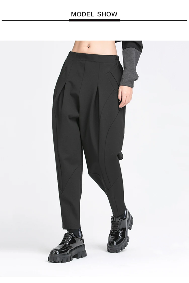 Pleated Loose Harem Pants Women New 2025 Autumn spring  Elastic Waist Black Pocket Fashion All Match Casual womenTrousers