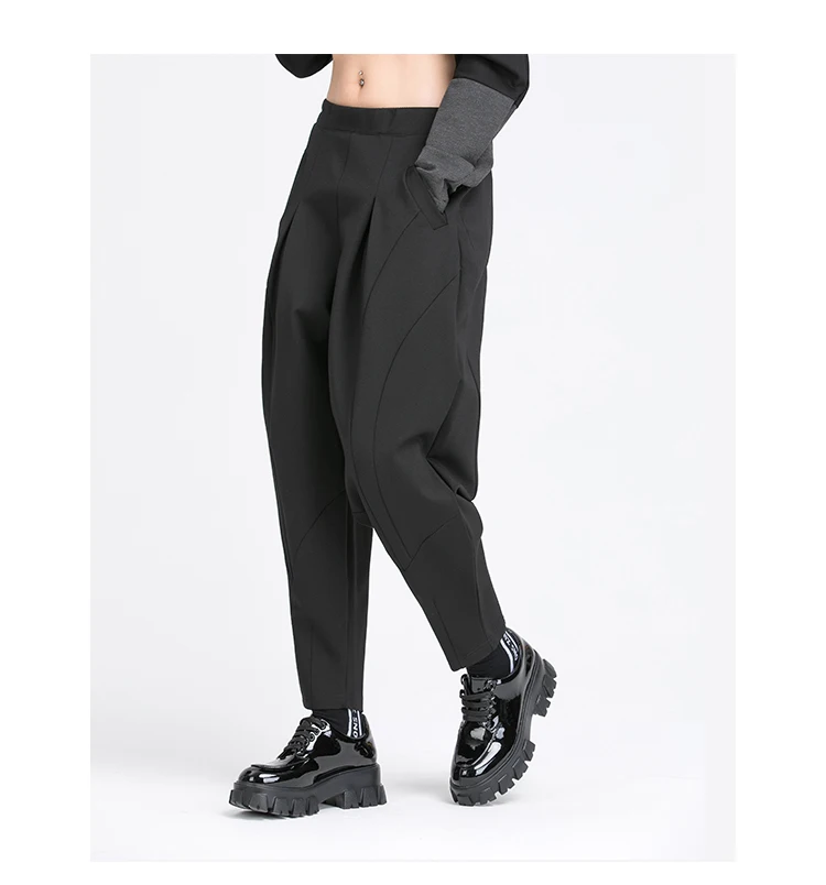 Pleated Loose Harem Pants Women New 2025 Autumn spring  Elastic Waist Black Pocket Fashion All Match Casual womenTrousers