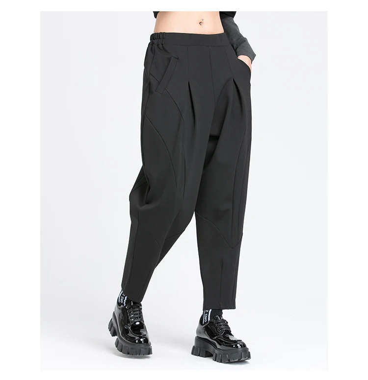 Pleated Loose Harem Pants Women New 2025 Autumn spring  Elastic Waist Black Pocket Fashion All Match Casual womenTrousers