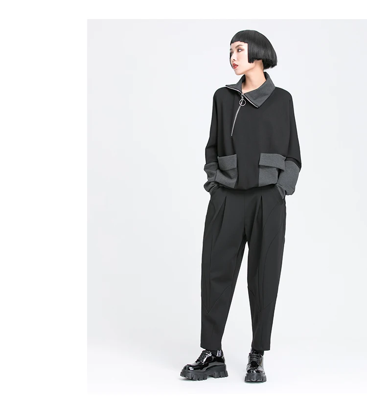 Pleated Loose Harem Pants Women New 2025 Autumn spring  Elastic Waist Black Pocket Fashion All Match Casual womenTrousers