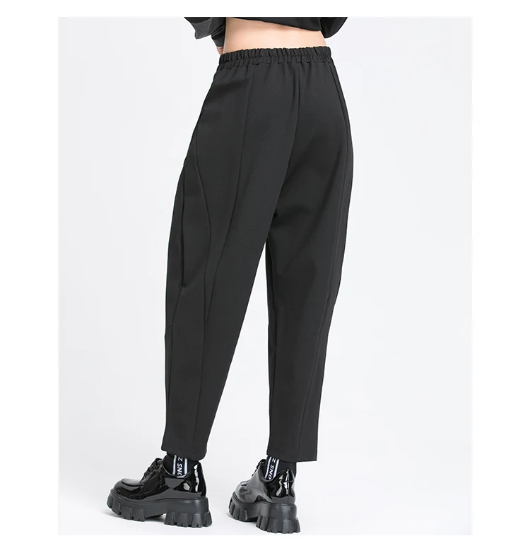 Pleated Loose Harem Pants Women New 2025 Autumn spring  Elastic Waist Black Pocket Fashion All Match Casual womenTrousers