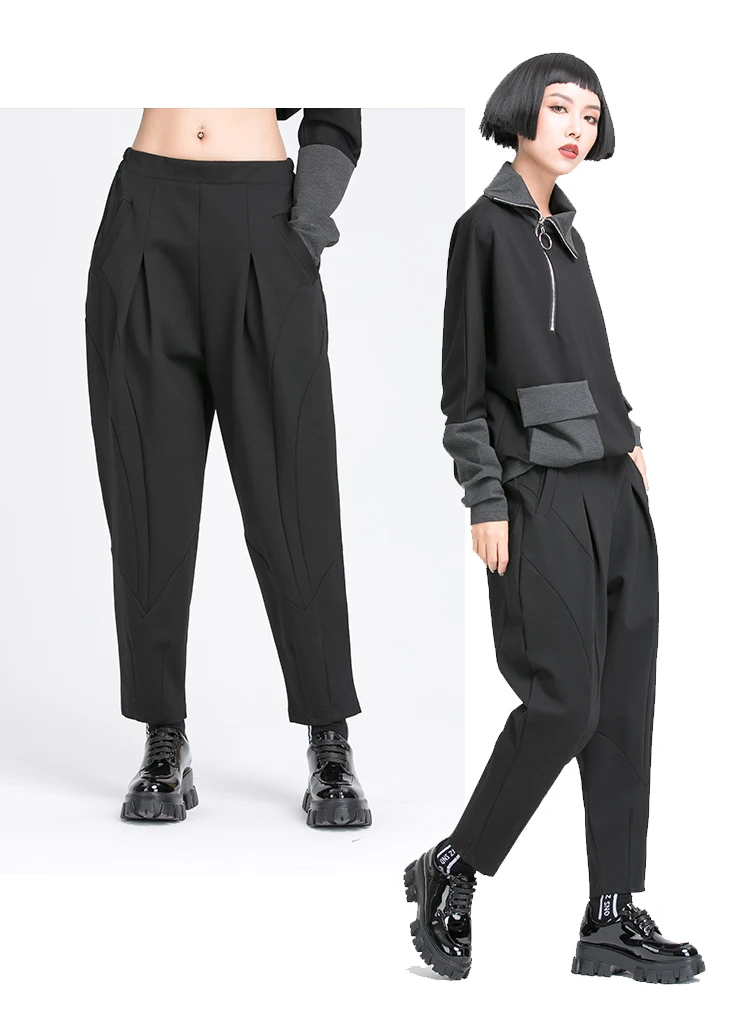 Pleated Loose Harem Pants Women New 2025 Autumn spring  Elastic Waist Black Pocket Fashion All Match Casual womenTrousers