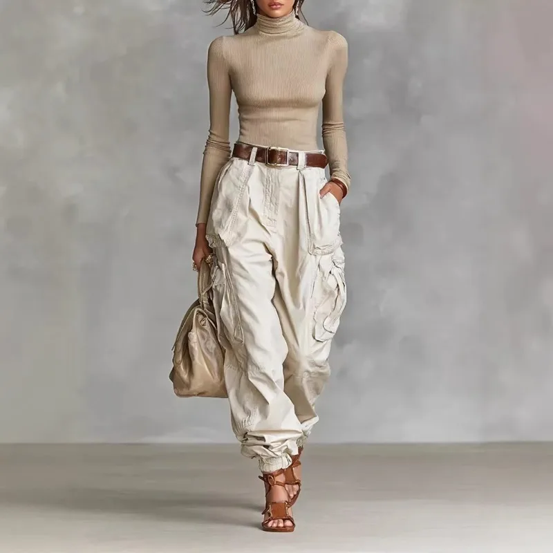 Vintage Casual Loose Multi Pocket Work Pants Vacation Solid Color Sports Pants Women Temperament with Ankle Cuffs Sweatshirt