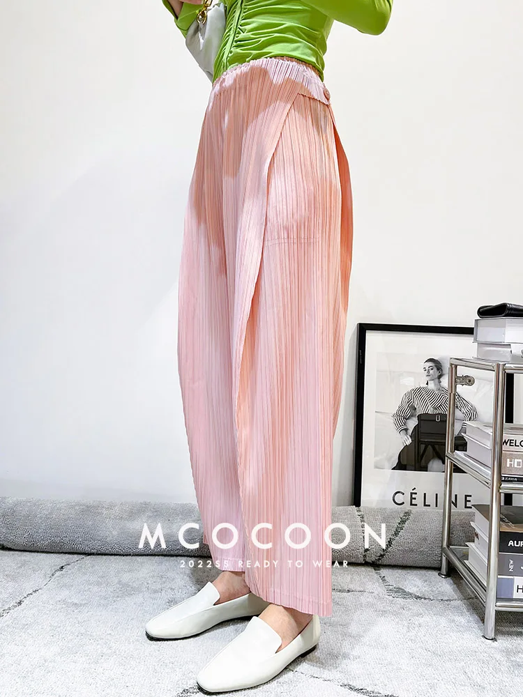 Miyake Pleated Waist Button Straight Pants Women New Korean Style Loose Casual Elegant Elastic Waist Trousers