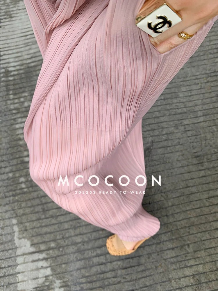 Miyake Pleated Waist Button Straight Pants Women New Korean Style Loose Casual Elegant Elastic Waist Trousers