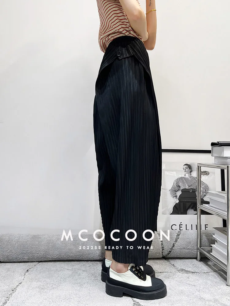 Miyake Pleated Waist Button Straight Pants Women New Korean Style Loose Casual Elegant Elastic Waist Trousers