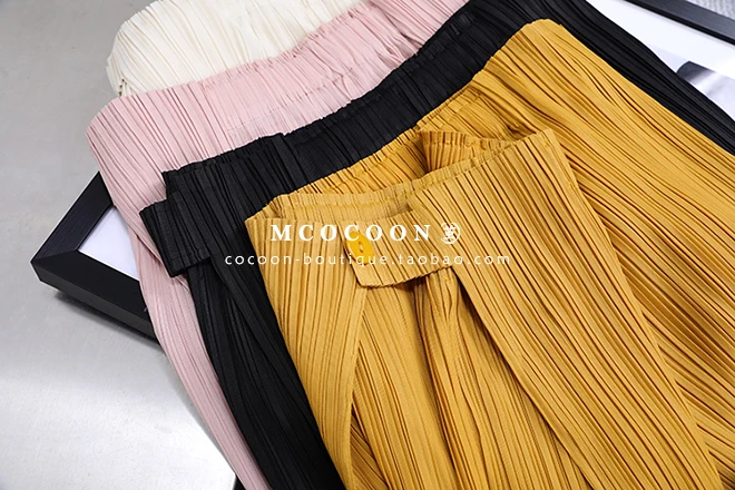 Miyake Pleated Waist Button Straight Pants Women New Korean Style Loose Casual Elegant Elastic Waist Trousers