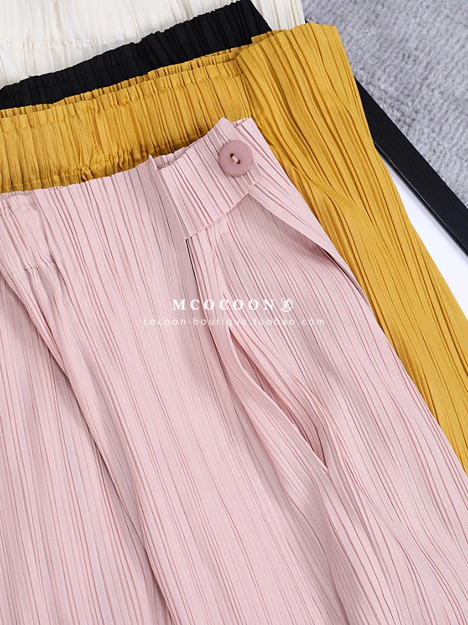 Miyake Pleated Waist Button Straight Pants Women New Korean Style Loose Casual Elegant Elastic Waist Trousers