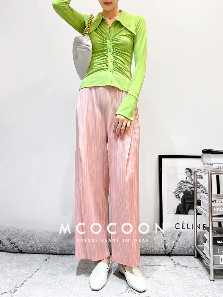 Miyake Pleated Waist Button Straight Pants Women New Korean Style Loose Casual Elegant Elastic Waist Trousers
