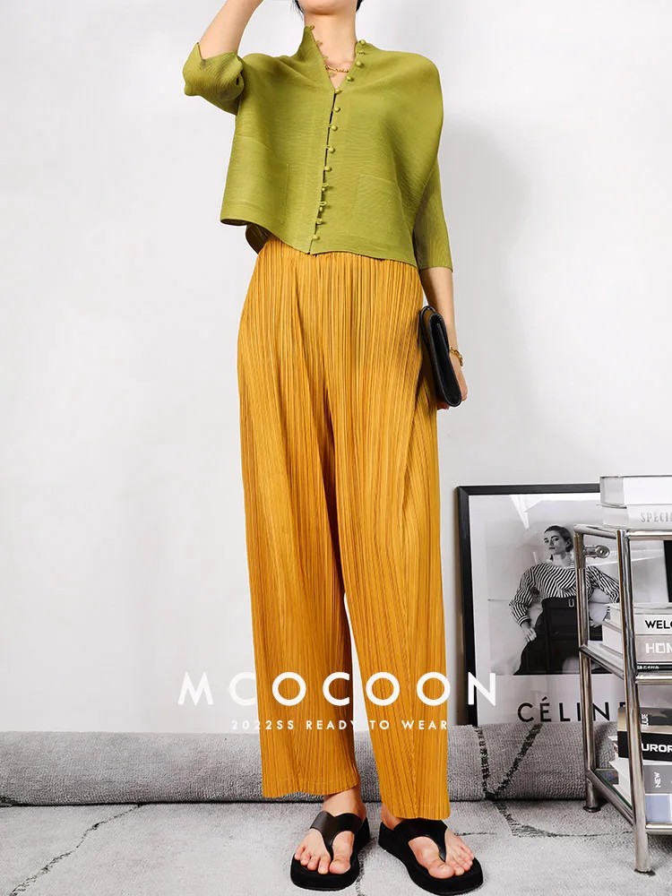 Miyake Pleated Waist Button Straight Pants Women New Korean Style Loose Casual Elegant Elastic Waist Trousers