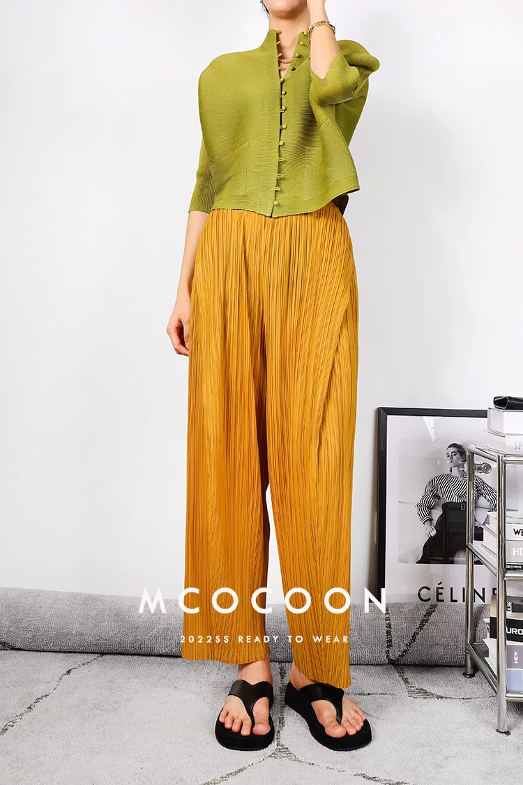 Miyake Pleated Waist Button Straight Pants Women New Korean Style Loose Casual Elegant Elastic Waist Trousers
