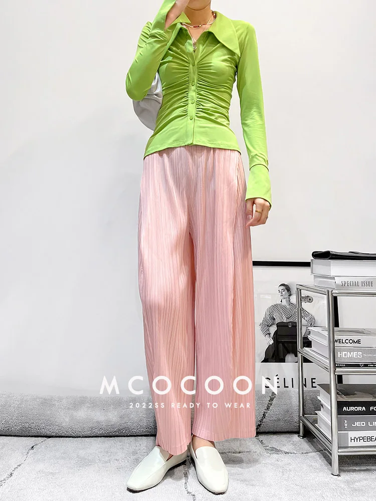 Miyake Pleated Waist Button Straight Pants Women New Korean Style Loose Casual Elegant Elastic Waist Trousers