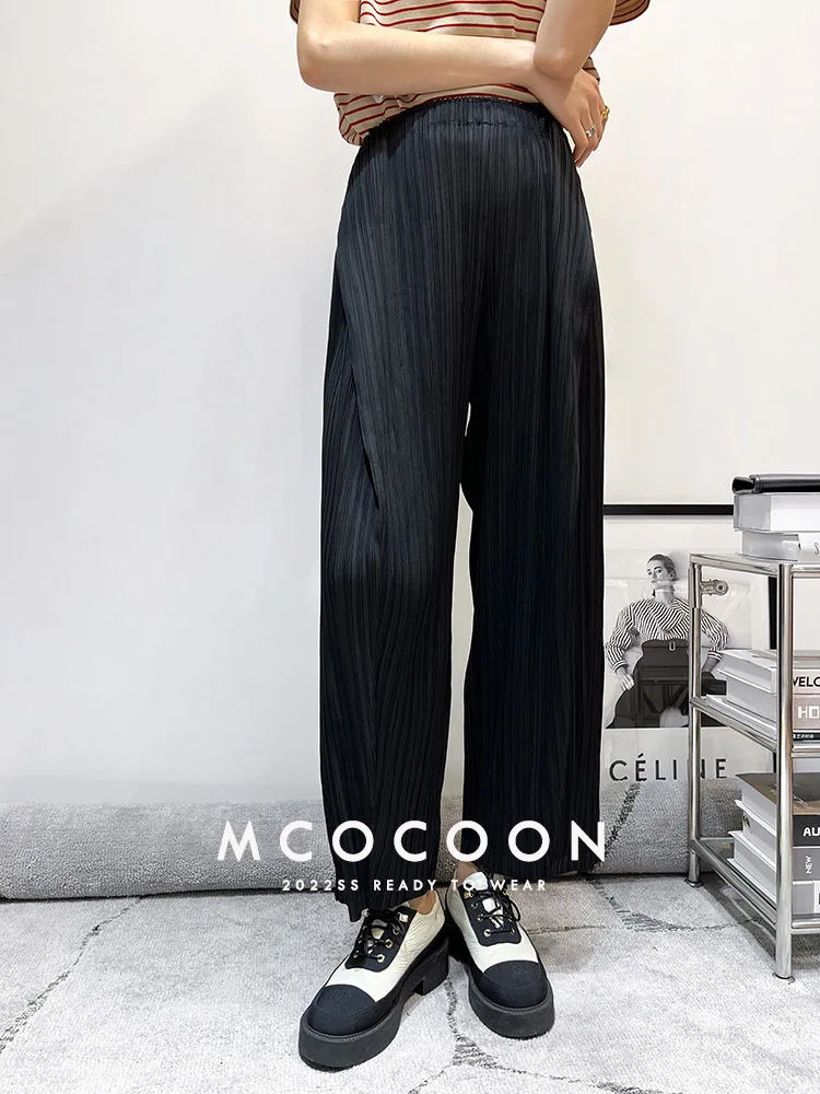 Miyake Pleated Waist Button Straight Pants Women New Korean Style Loose Casual Elegant Elastic Waist Trousers