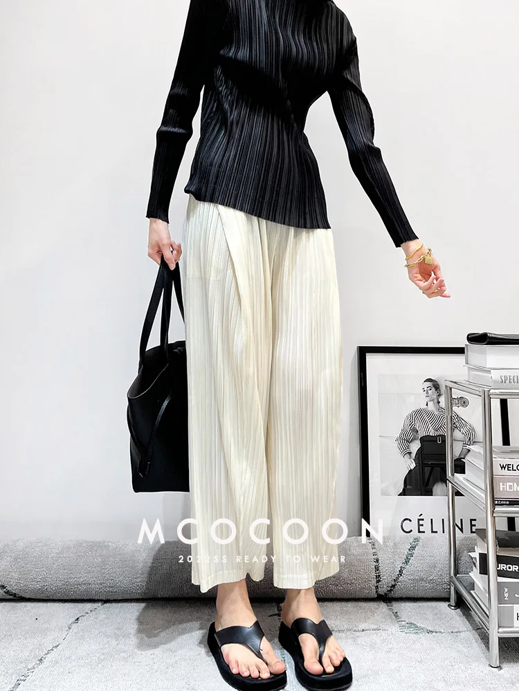 Miyake Pleated Waist Button Straight Pants Women New Korean Style Loose Casual Elegant Elastic Waist Trousers