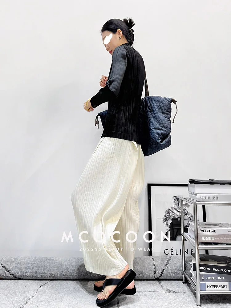 Miyake Pleated Waist Button Straight Pants Women New Korean Style Loose Casual Elegant Elastic Waist Trousers