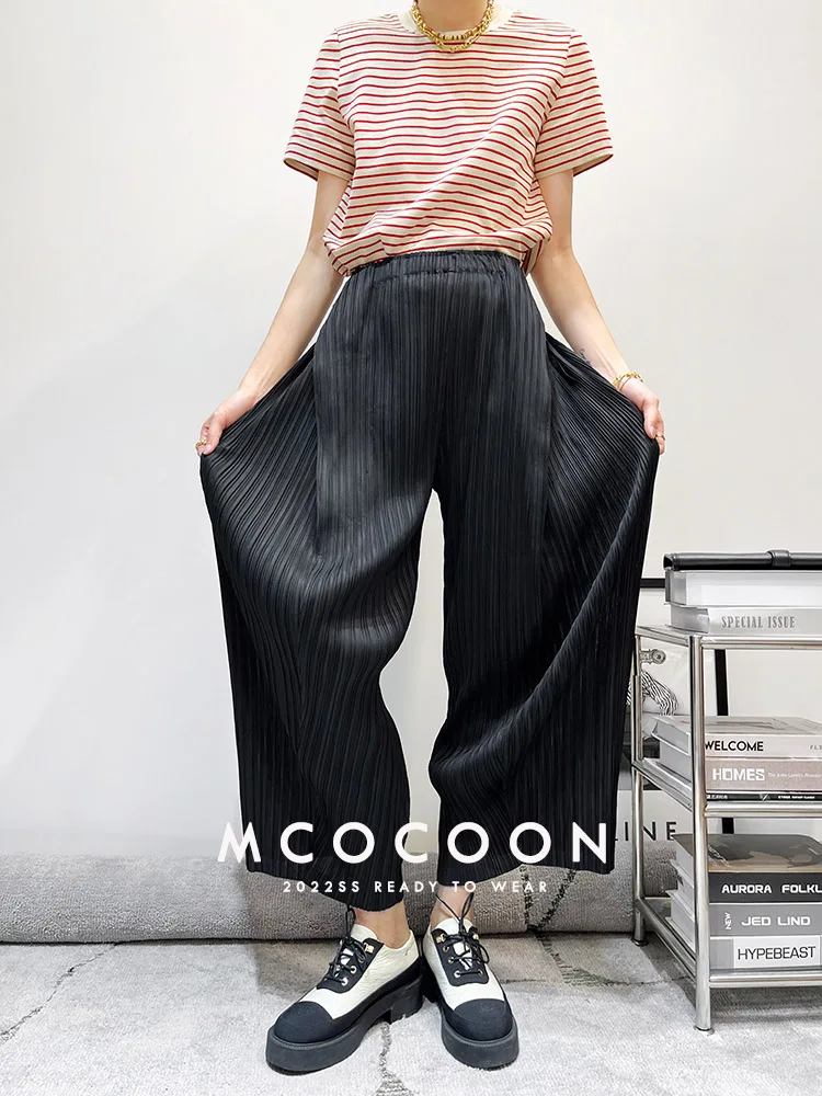 Miyake Pleated Waist Button Straight Pants Women New Korean Style Loose Casual Elegant Elastic Waist Trousers