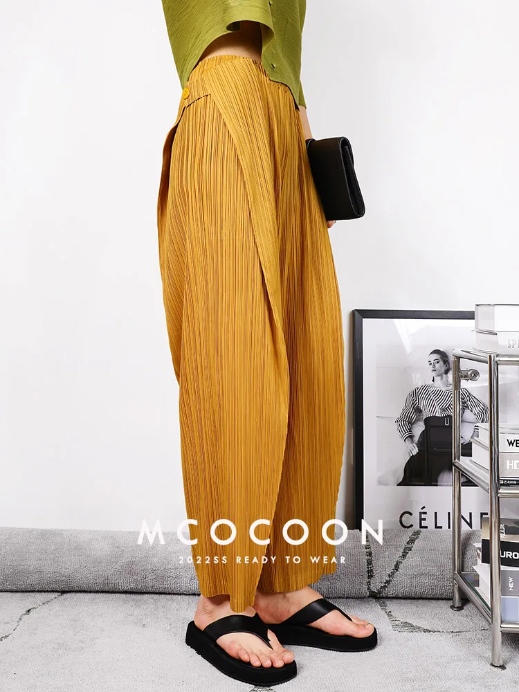 Miyake Pleated Waist Button Straight Pants Women New Korean Style Loose Casual Elegant Elastic Waist Trousers