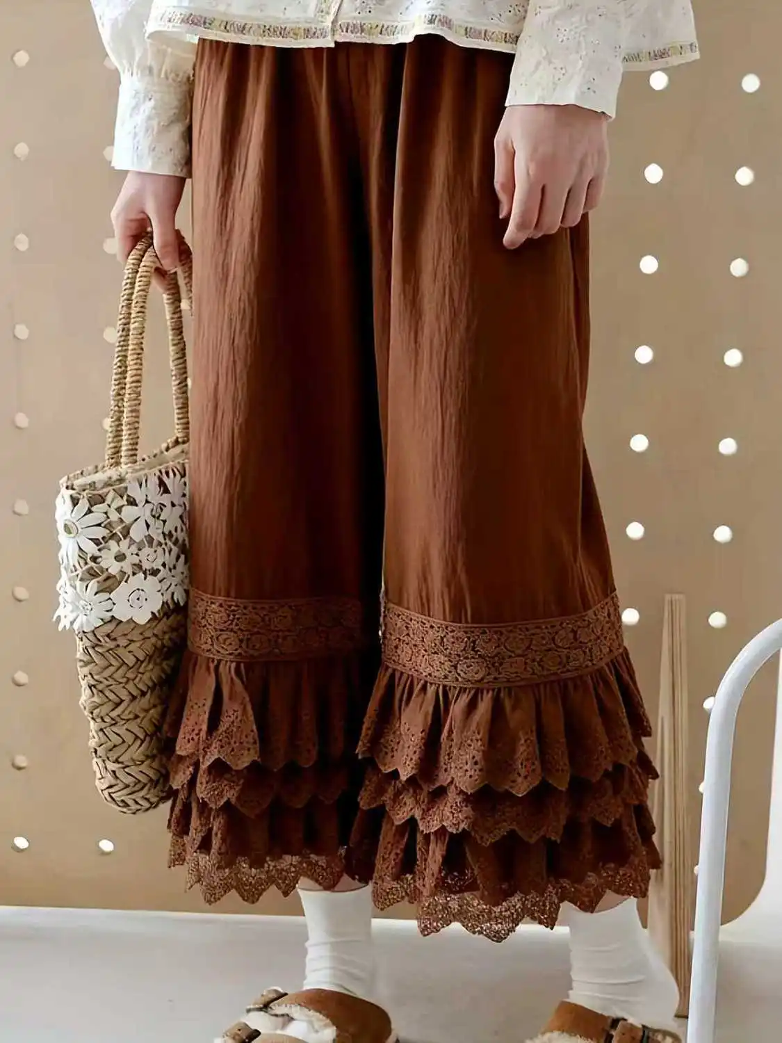 Sweet Girls Large Size Vintage Lace Ruffle Wide Leg Pants for Women - Boho Floral Embroidery Tiered Hem Trousers Comfortable