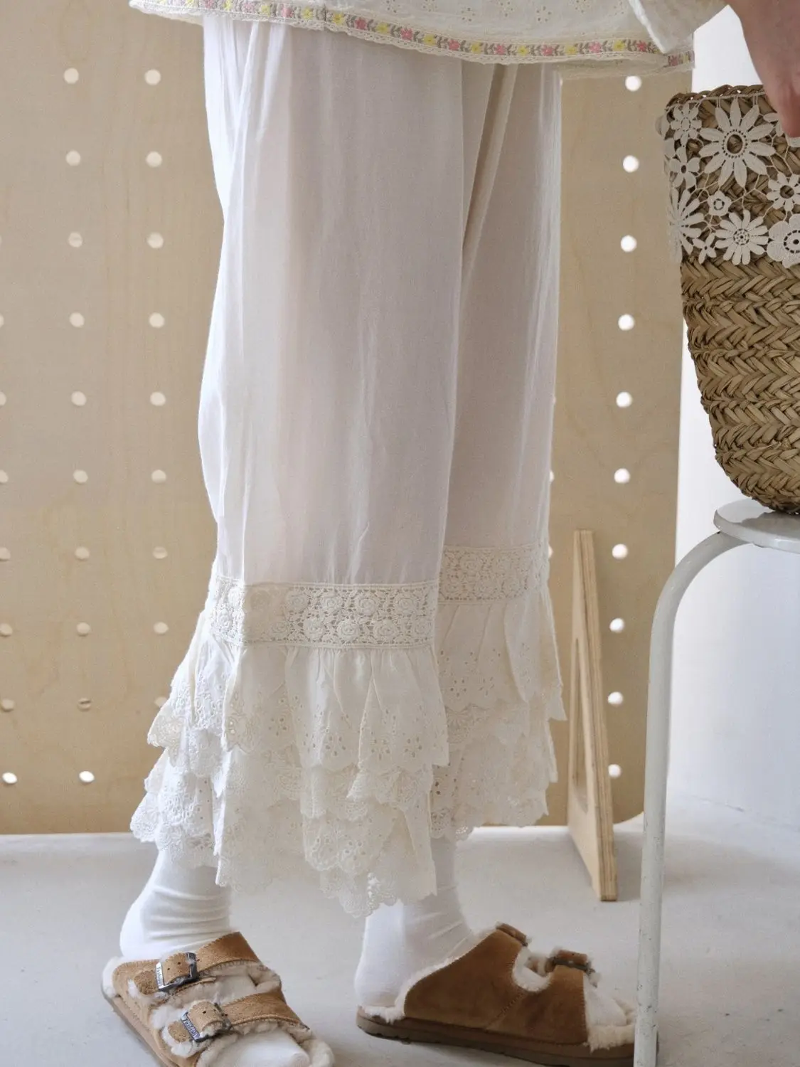 Sweet Girls Large Size Vintage Lace Ruffle Wide Leg Pants for Women - Boho Floral Embroidery Tiered Hem Trousers Comfortable