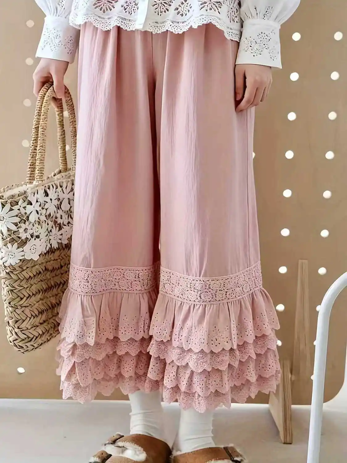 Sweet Girls Large Size Vintage Lace Ruffle Wide Leg Pants for Women - Boho Floral Embroidery Tiered Hem Trousers Comfortable