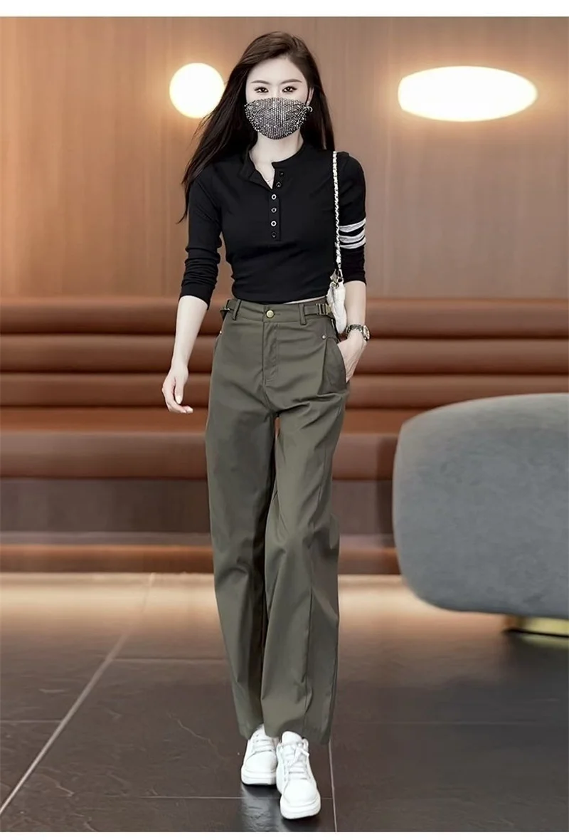 New Wide-Leg Overalls Pants Women Korean Spring Autumn  High Waist Loose All-Match Casual Narrow Straight Pants Female Trousers
