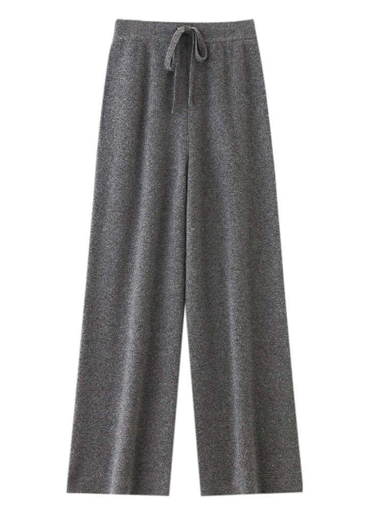 Women's Trousers 100% Merino Wool Pants Autumn Winter Sweater Wide Leg Pants Tying Elastic Casual Basic Soft Warm Knit Trousers