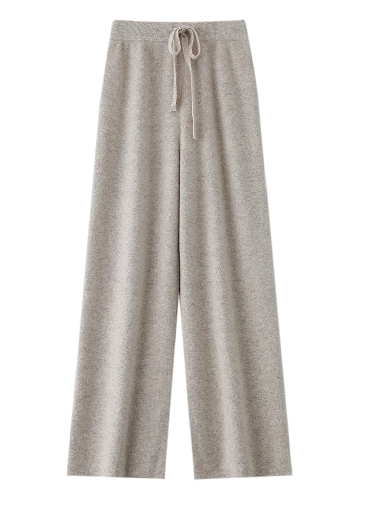 Women's Trousers 100% Merino Wool Pants Autumn Winter Sweater Wide Leg Pants Tying Elastic Casual Basic Soft Warm Knit Trousers