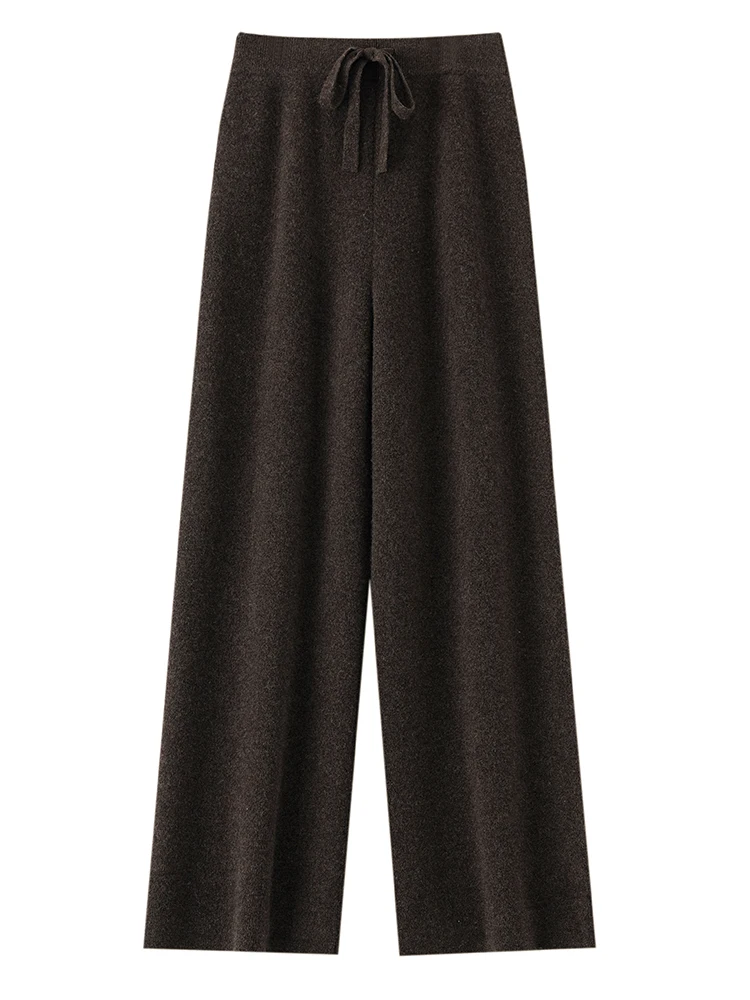 Women's Trousers 100% Merino Wool Pants Autumn Winter Sweater Wide Leg Pants Tying Elastic Casual Basic Soft Warm Knit Trousers