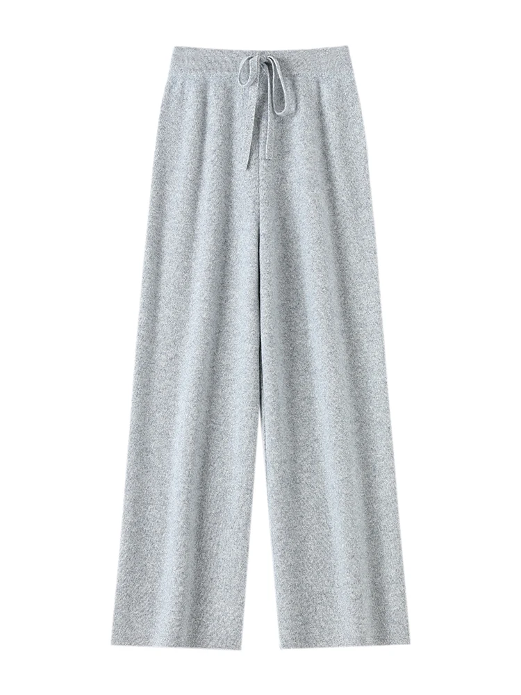 Women's Trousers 100% Merino Wool Pants Autumn Winter Sweater Wide Leg Pants Tying Elastic Casual Basic Soft Warm Knit Trousers